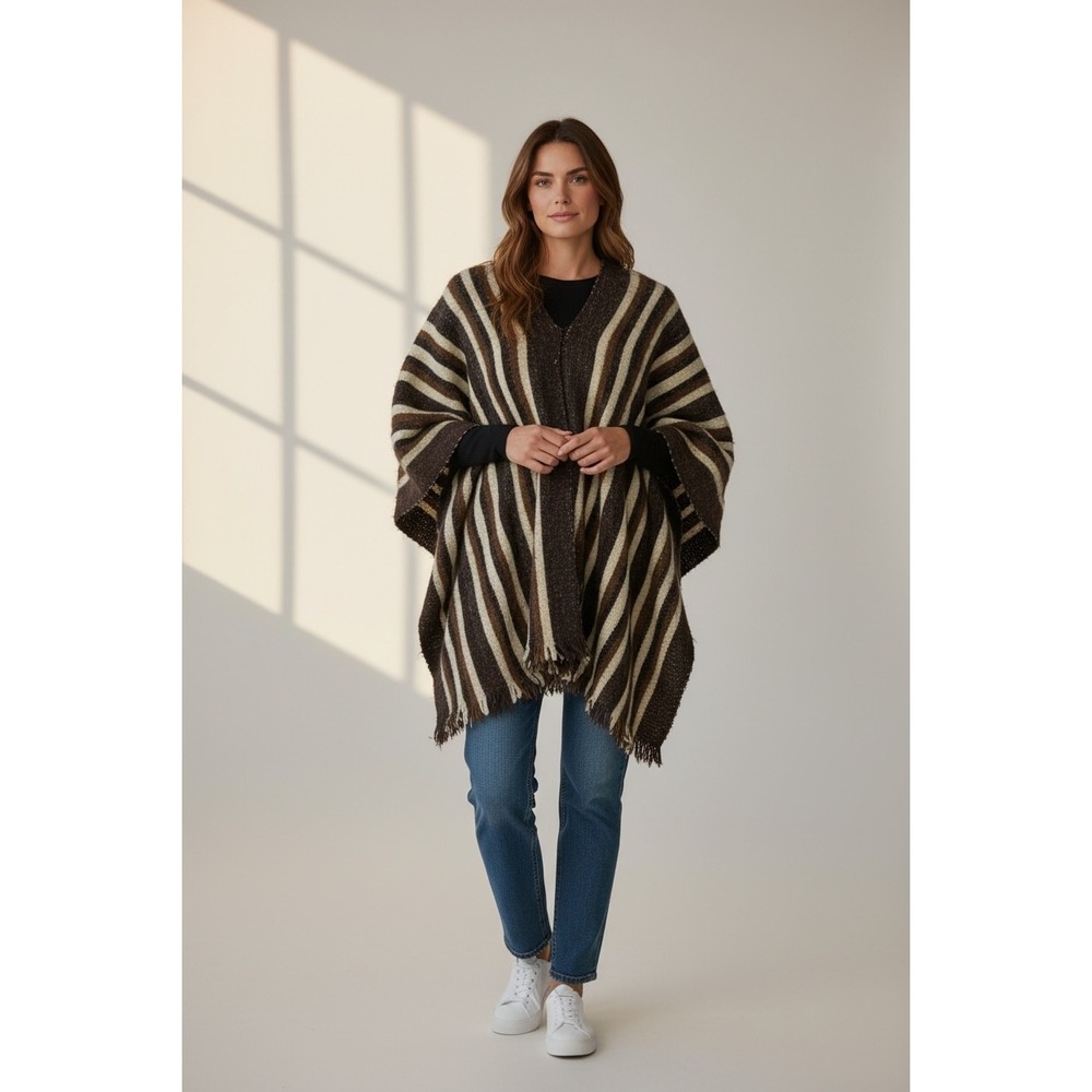 Luna D'oro Poncho Women OS Brown Striped 100% Alpaca Hand Made Bolivia Excellent